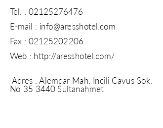 Ares Hotel Sultanahmet iletiim bilgileri